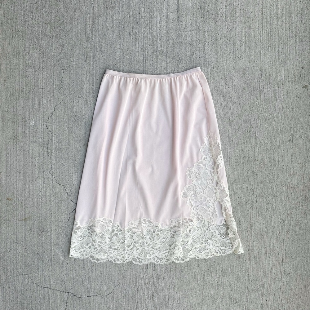 vintage light pink and ivory lace satin midi skirt